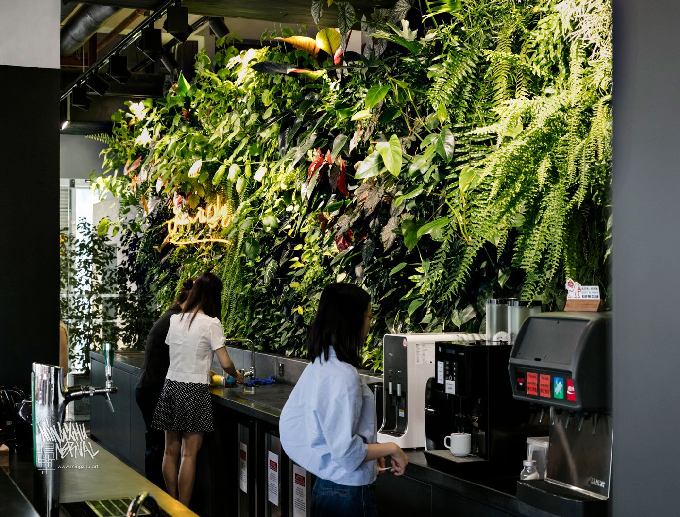 Mingzhu Nerval vertical living wall experts created a healthy nature workspace at WeWork in Shanghai, 2015
